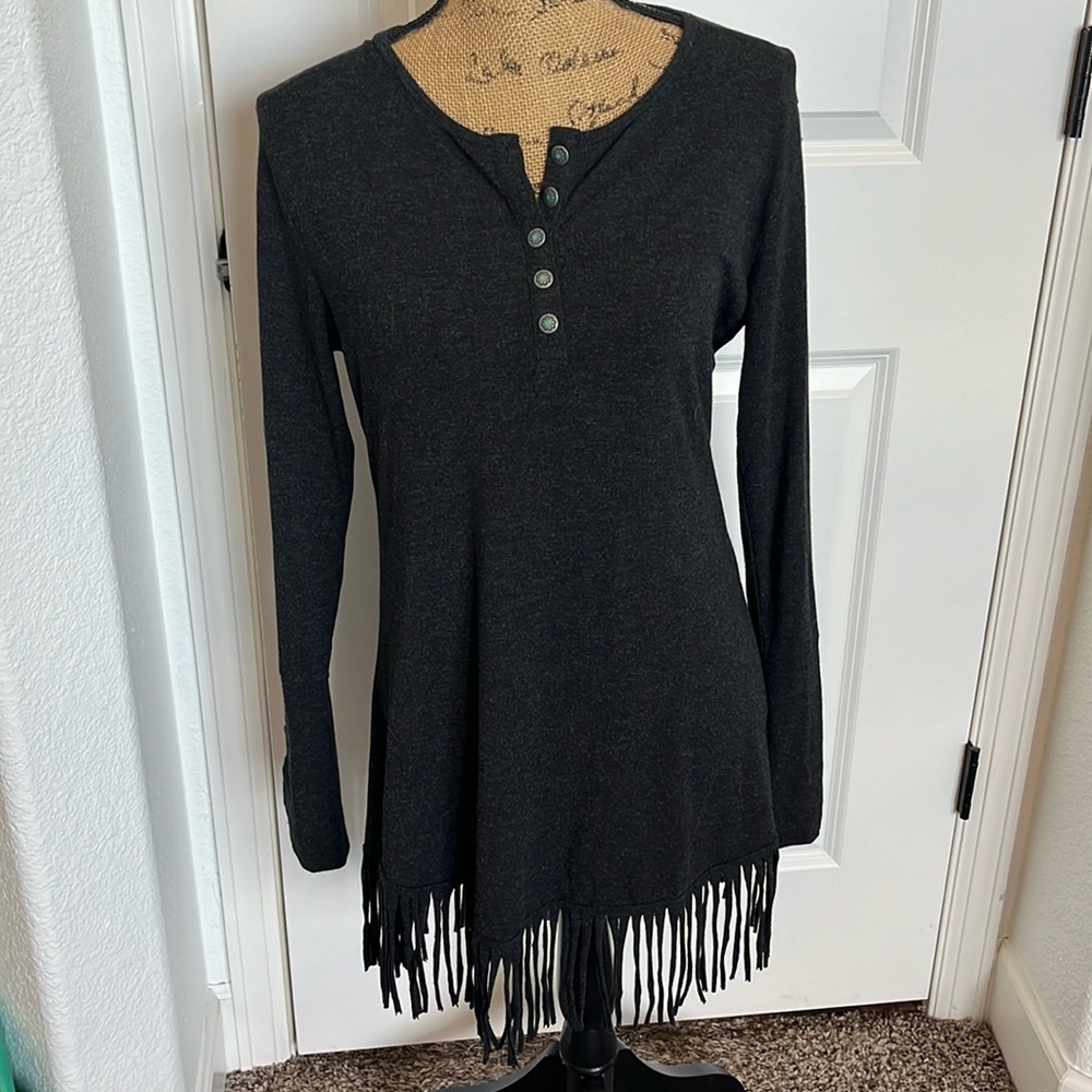 Tasha Polizzi Charcoal Gray Tunic Length Top with Fringe